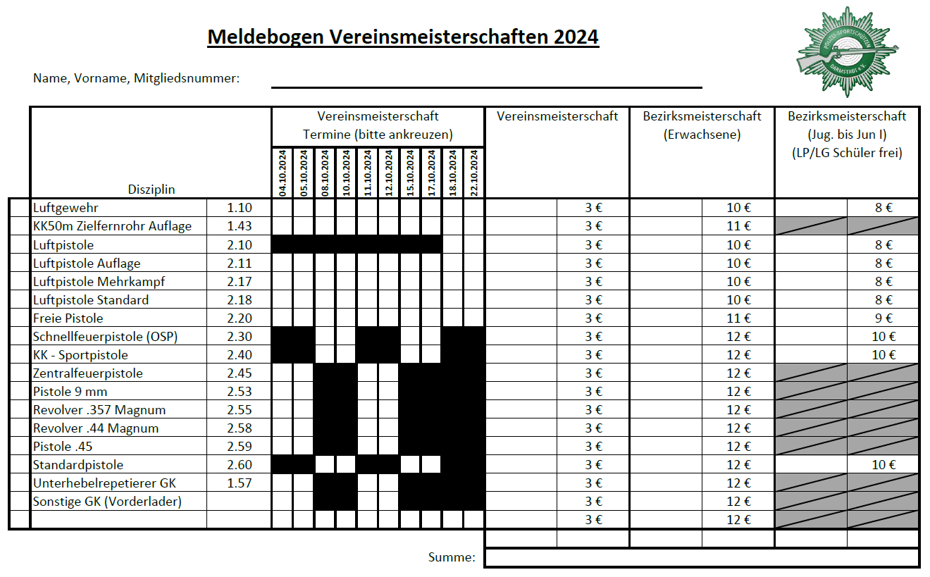 Meldebogen Vereinsmeisterschaften